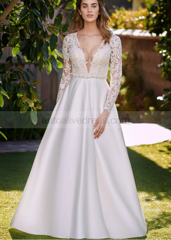 Beaded Ivory Lace Satin Sheer Back Modern Wedding Dress
